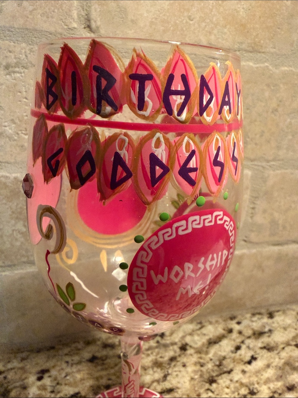 Lolita Pink & Gold Hand-Painted "Birthday Goddess" Wine Glass